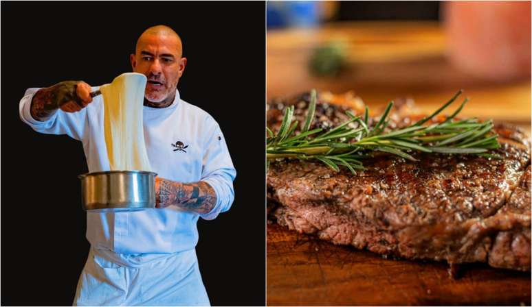 Na imagem, há duas fotografias ao lado uma da outra: a primeira mostra o chef Henrique Fogaça cozinhando um aligot em uma panela prateada, e a segunda foto mostra um pedaço de carne grelhada, exposta em uma tábua de madeira, com um ramo de alecrim sobre a carne.